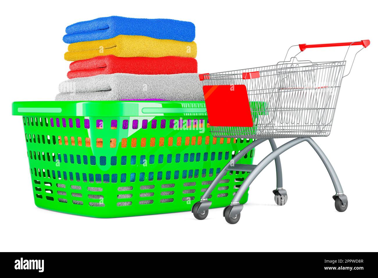 Laundry basket full of clean clothes with shopping cart, 3D rendering