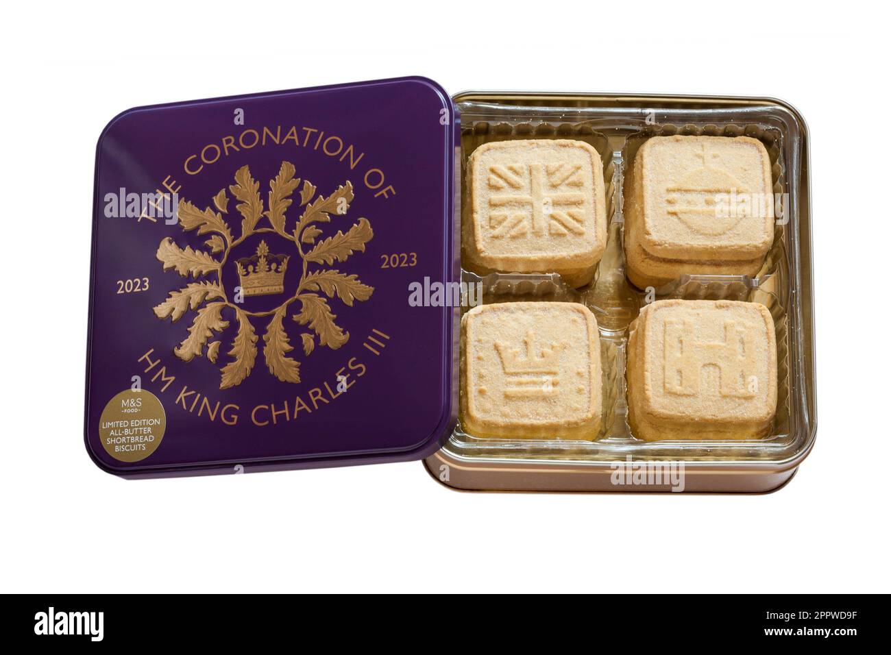 Tin of limited edition all butter shortbread biscuits to commemorate The Coronation of HM King Charles III 2023 from M&S isolated on white background Stock Photo