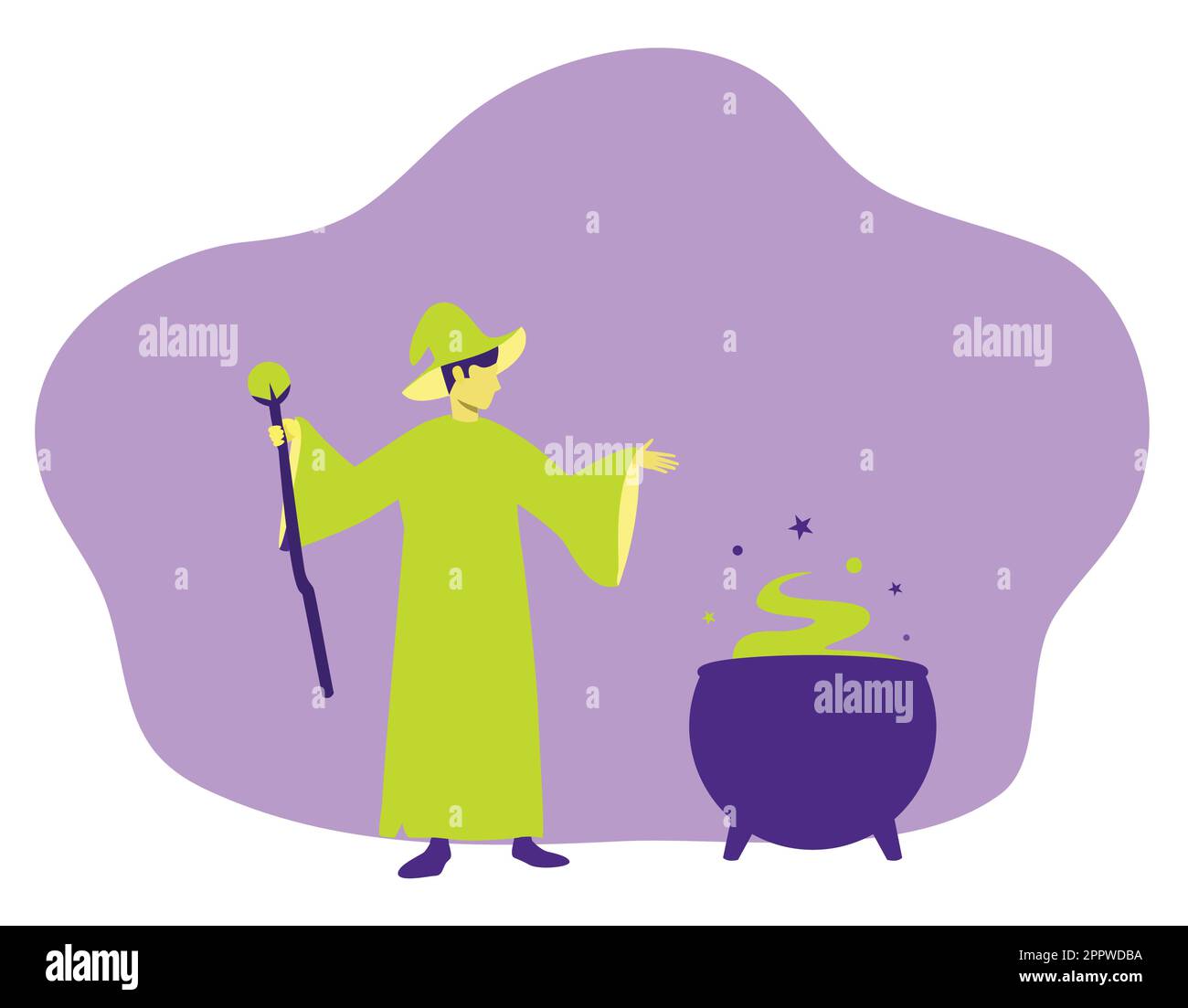 sorcerer brewing magic potion in pot flat vector illustration Stock