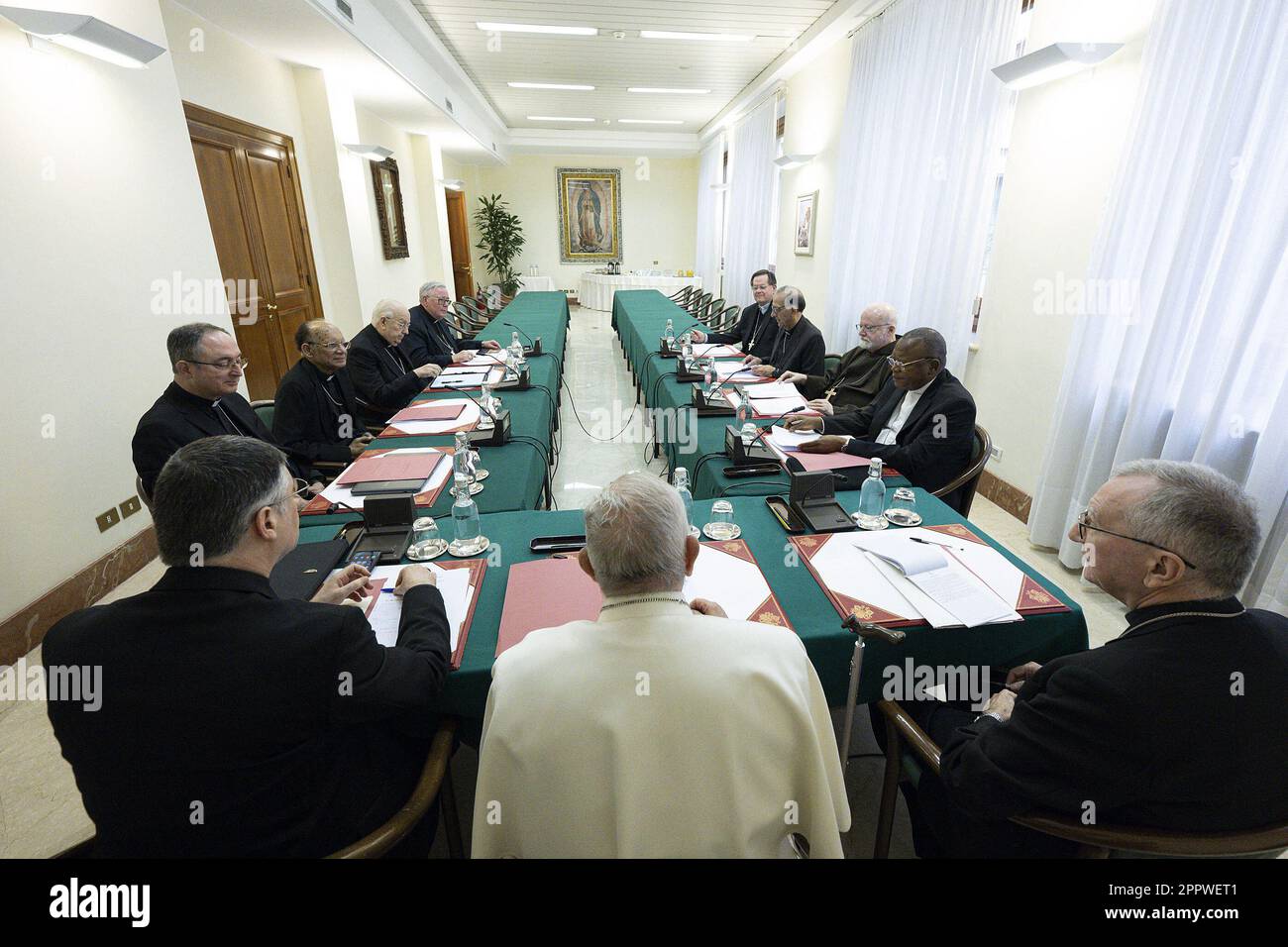 Pope Francis presides over the first meeting of the new Council of Cardinals at the Vatican on April 24, 2023. This is the first meeting of the C9 after its recent renewal by Francis. He created the Council in 2013 to help him with the governance of the Universal Church, and with the reform of the Roman Curia. The members of the new Council are Cardinals Pietro Parolin, Secretary of State; Fernando Vergez Alzaga, President of the Governorate of Vatican City State; Fridolin Ambongo Besungu, Archbishop of Kinshasa; Oswald Gracias, Archbishop of Bombay; Sean Patrick O'Malley, Archbishop of Boston Stock Photo