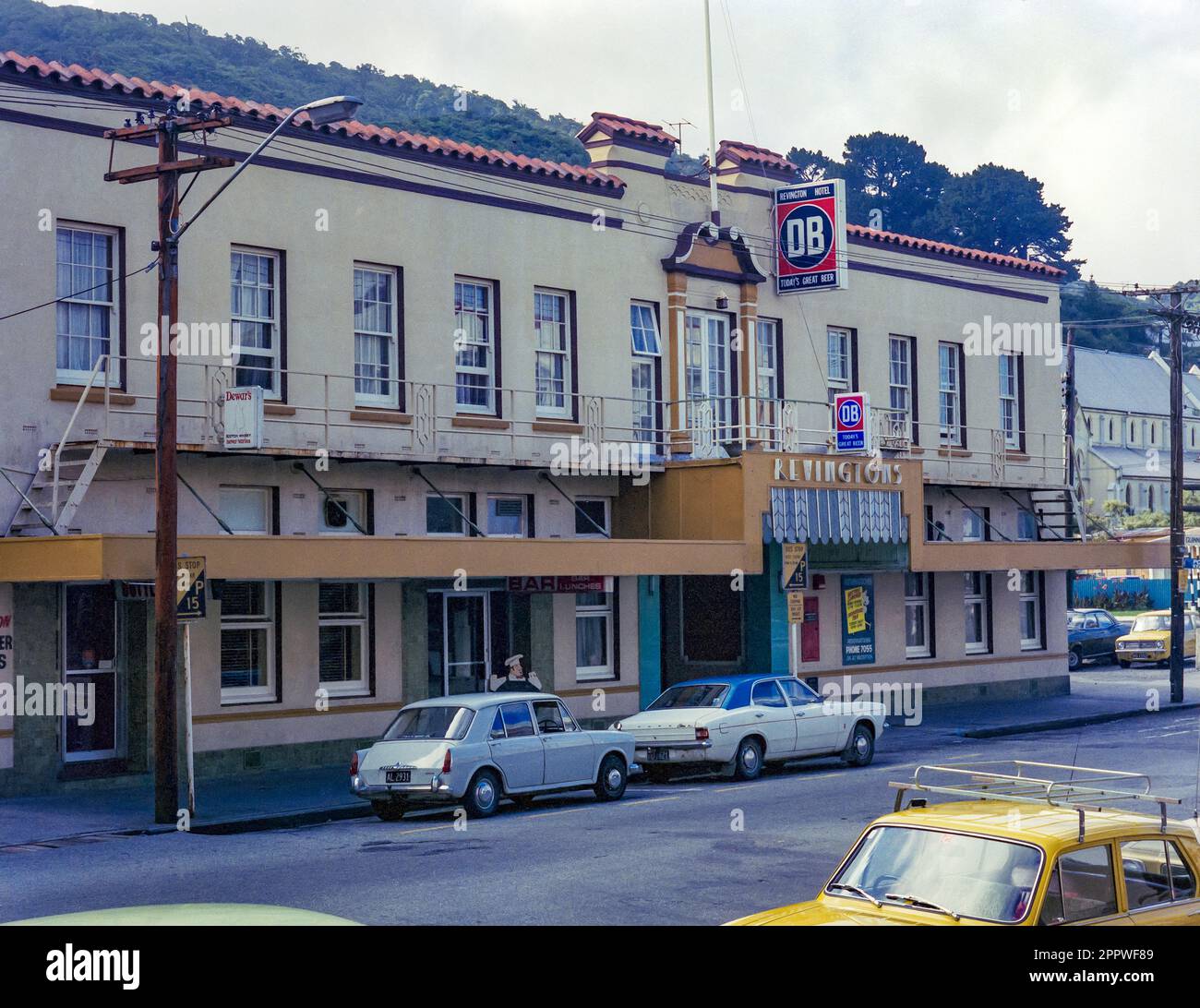 A 1981 historic image of the now demolished, Revingtons Hotel in Greymouth on the west coast of the South Island of New Zealand. Queen Elizabeth and Prince Philip stayed here during the Coronation Tour of 1954. Stock Photo