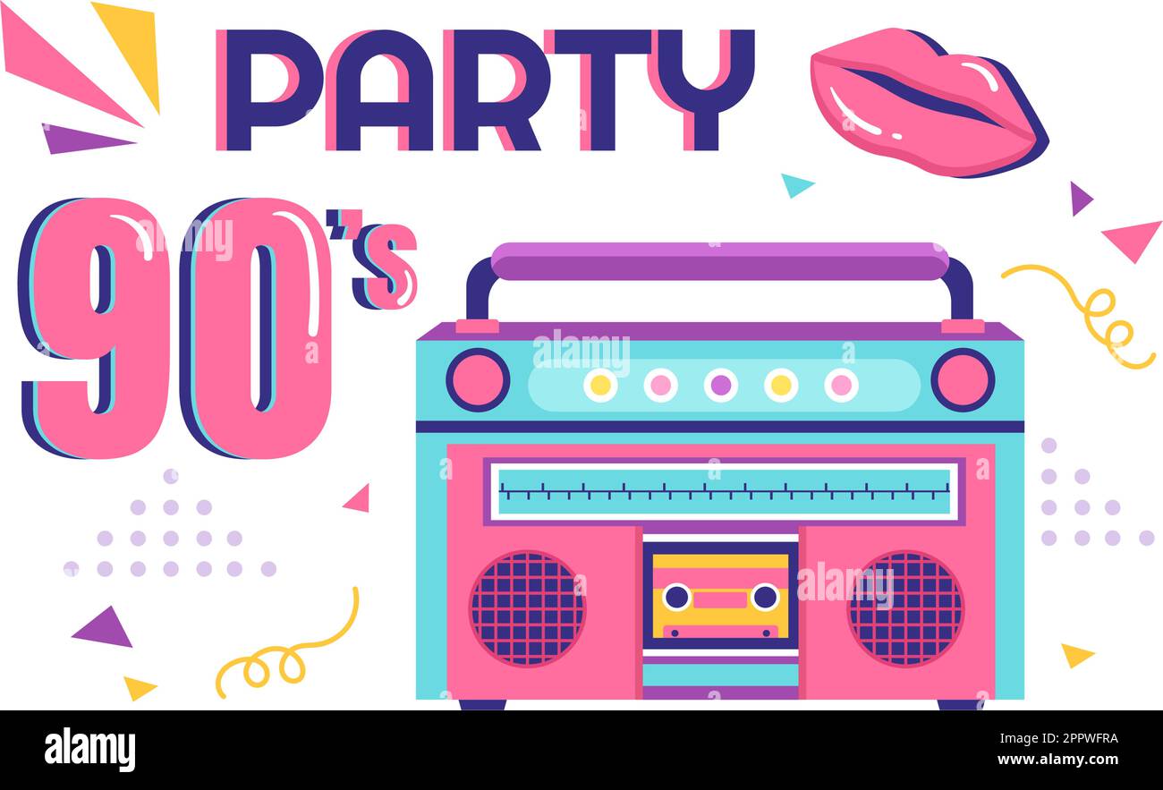 90s Retro Party Cartoon Background Illustration with Nineties Music, Sneakers, Radio, Dance Time and Tape Cassette in Trendy Flat Style Design Stock Vector