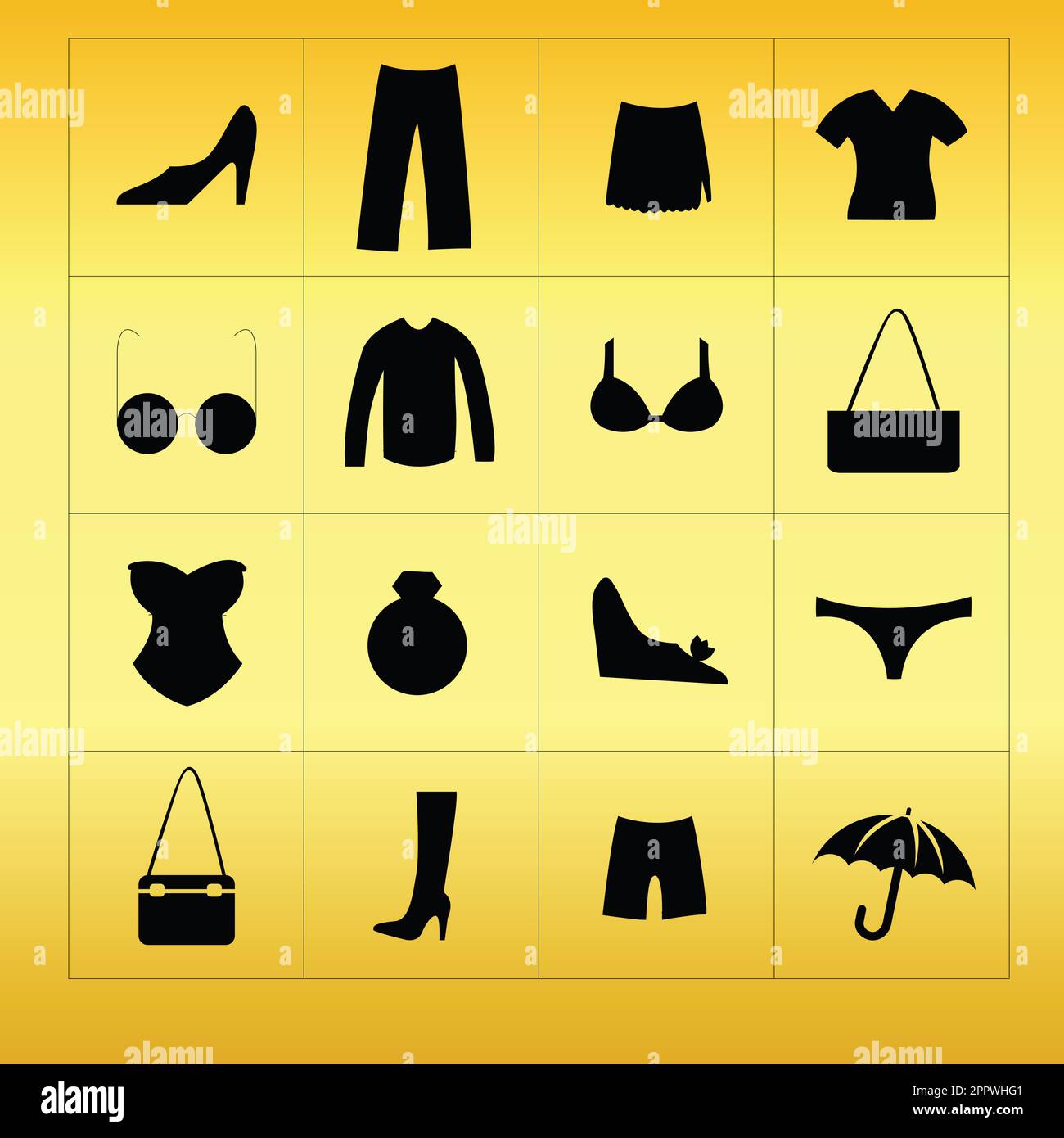 Black department store clothing icons isolate on gold background Stock