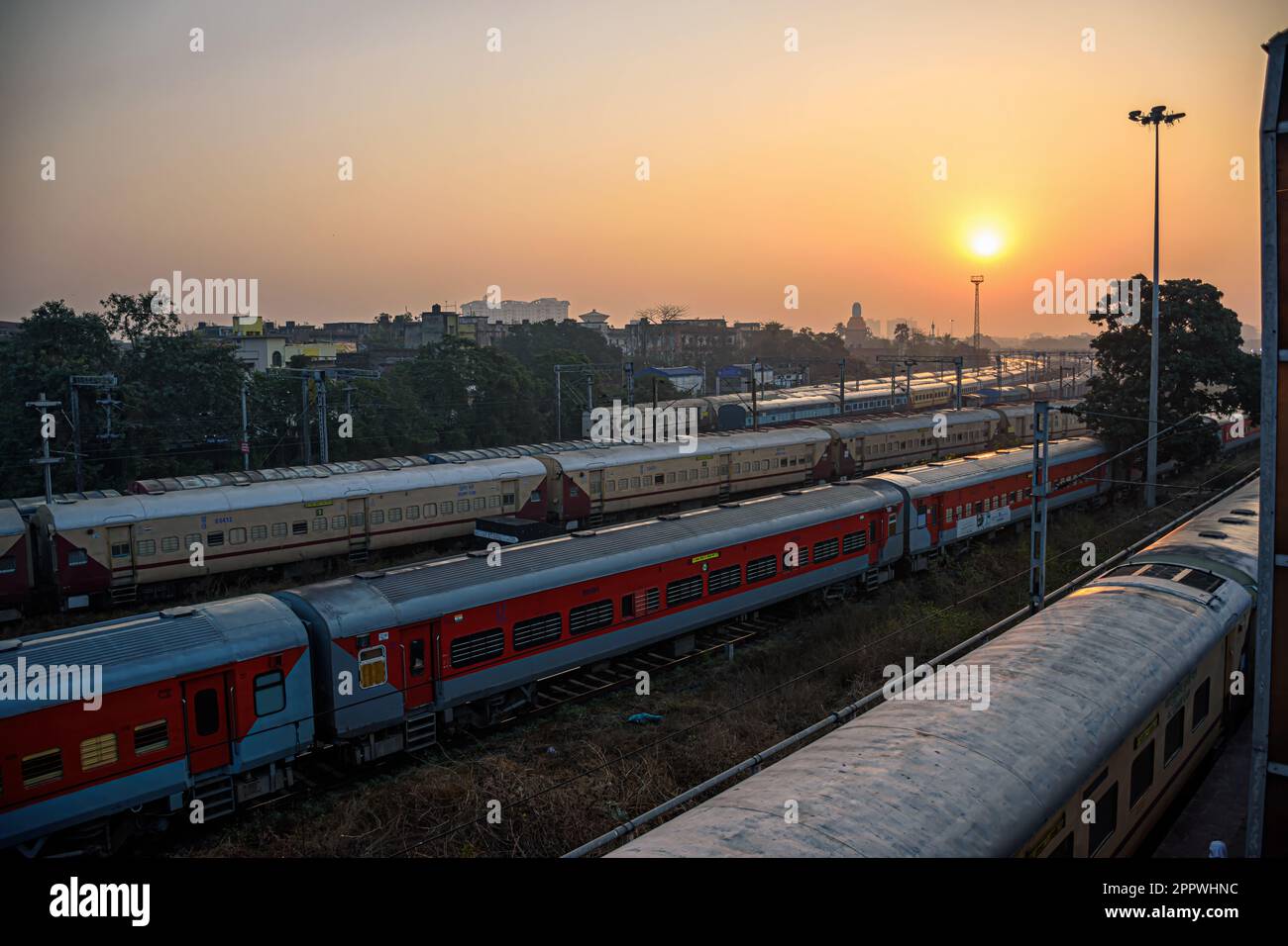 A view of express trains at a Junction Railway Station of Indian