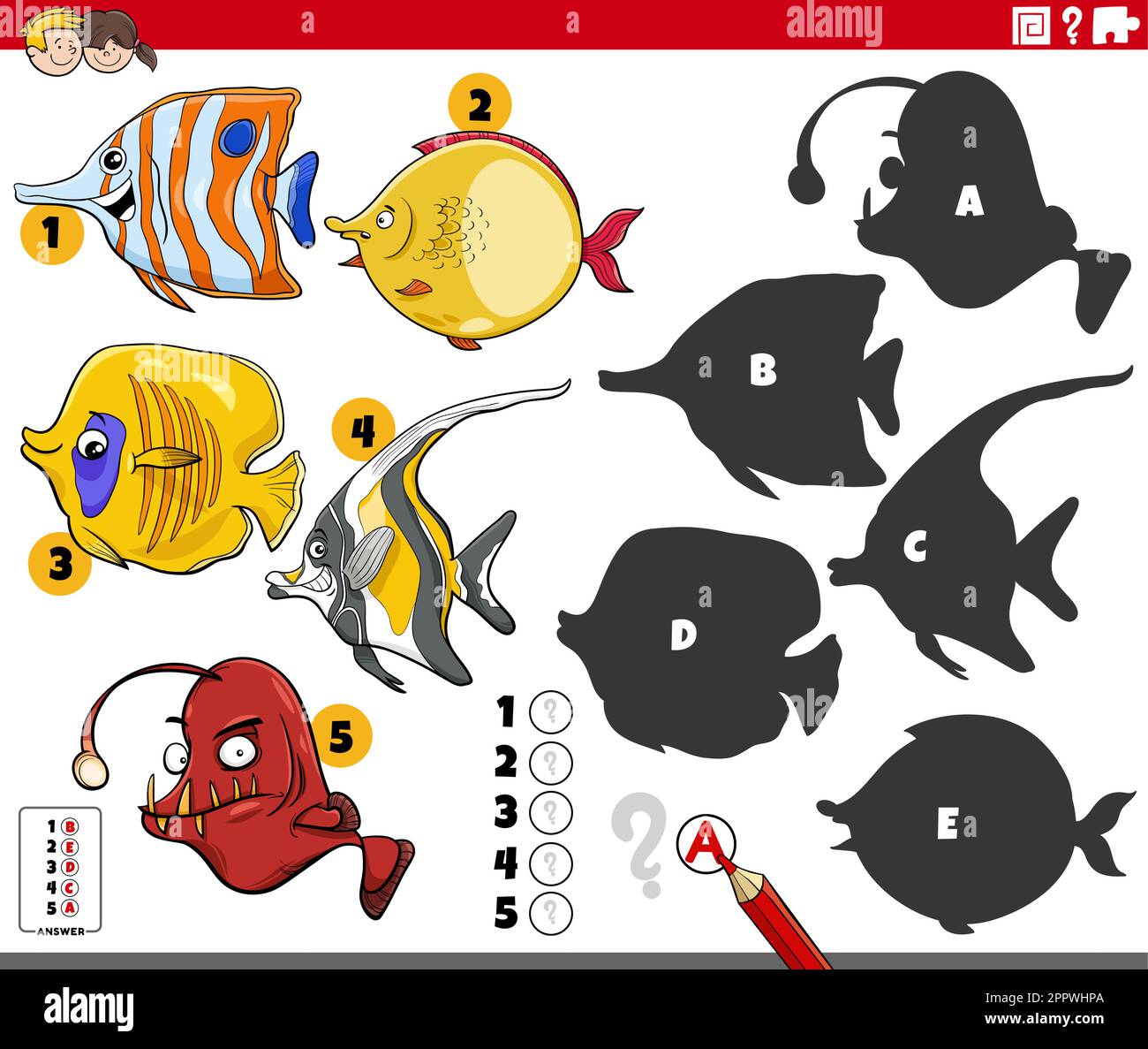 shadows task with cartoon fish animal characters Stock Vector Image ...
