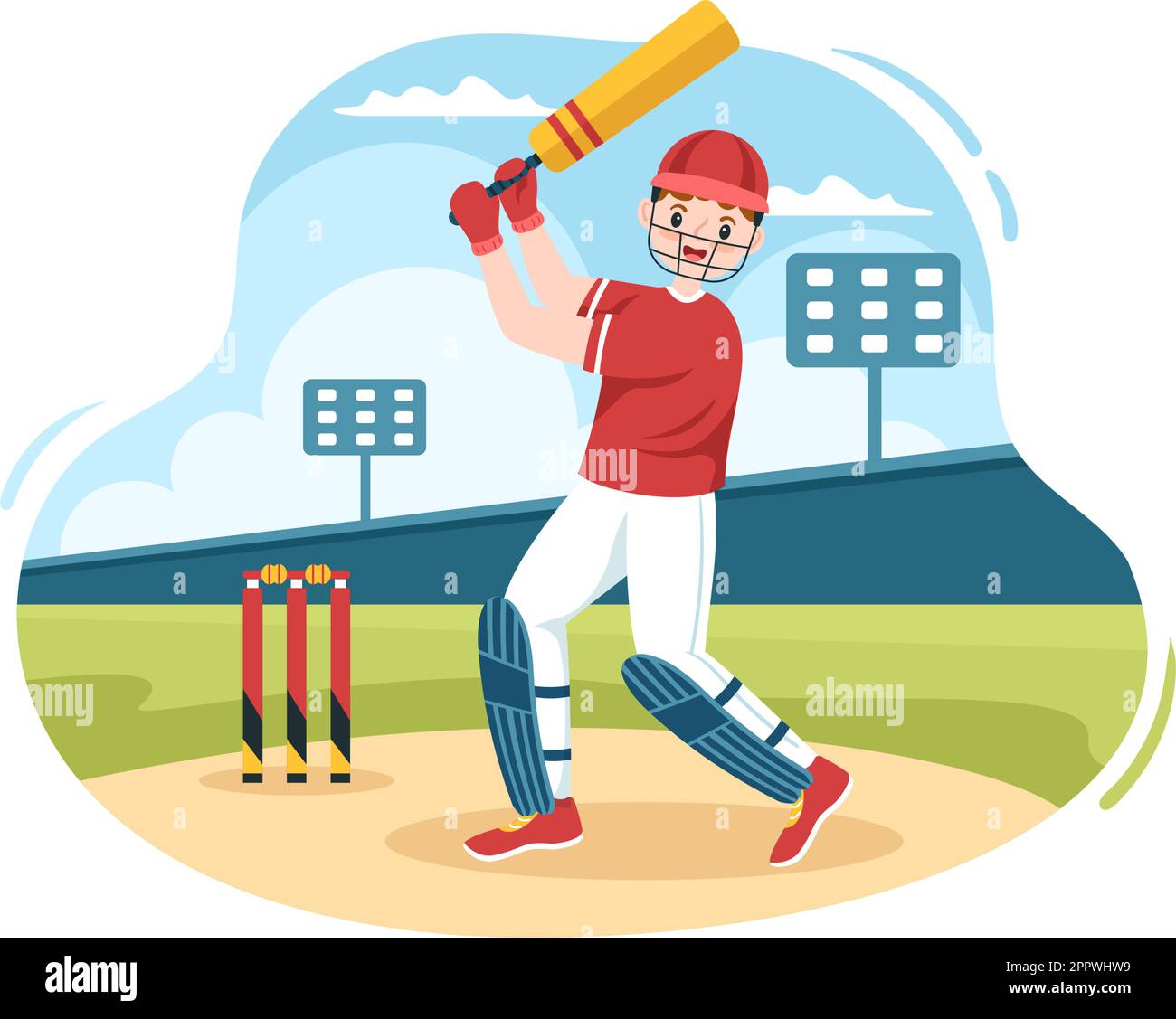 Batsman Playing Cricket Sports with Ball and Stick in Flat Cartoon Field Background Illustration Stock Vector