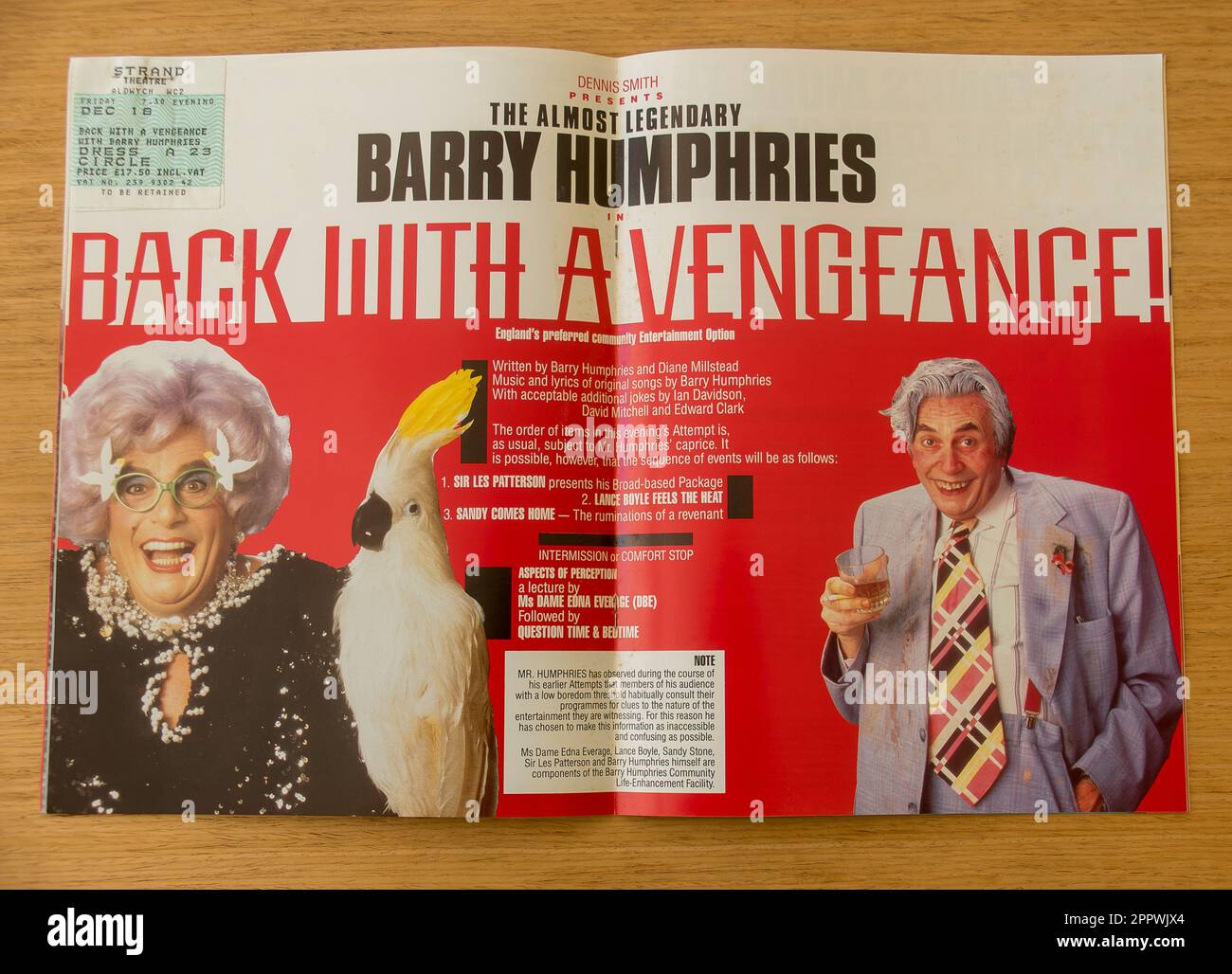 Theatre program for Barry Humphries in 'Back with a Vengeance' at the Strand Theatre, London, December 1987. Centre pages with Dame Edna and Sir Les. Stock Photo