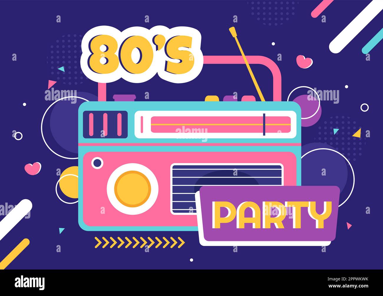 80s Party Cartoon Background Illustration with Retro Music, 1980 Radio Cassette Player and Disco in Old Style Design Stock Vector