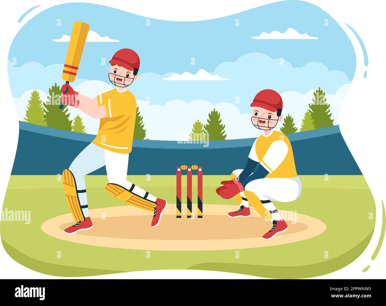 Batsman Playing Cricket Sports with Ball and Stick in Flat Cartoon Field Background Illustration Stock Vector