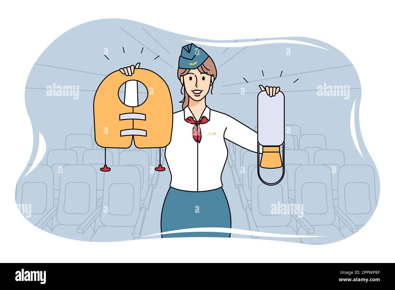 Smiling stewardess showing safety on plane Stock Vector