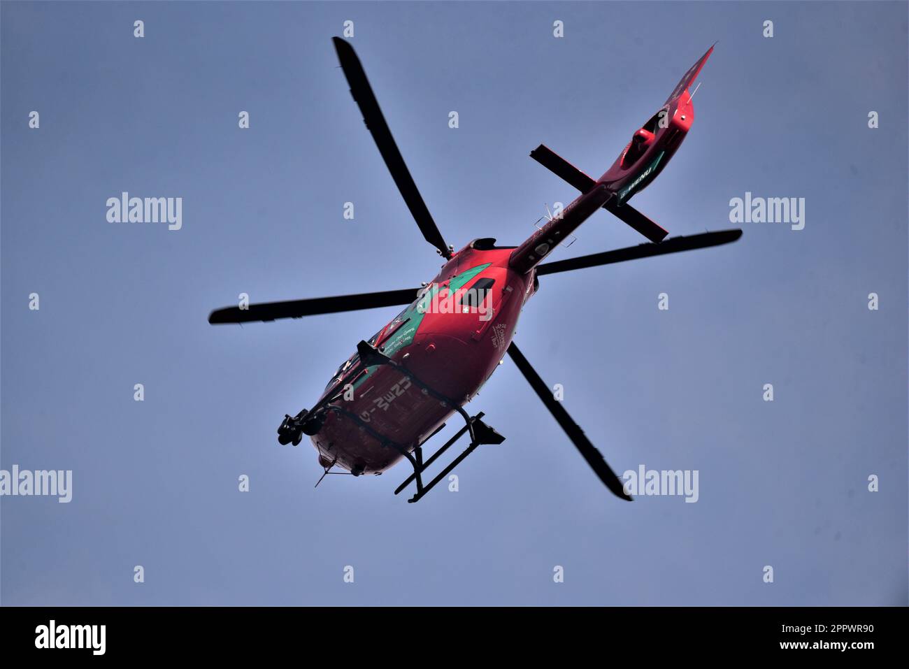 Airbus H145 aircraft a welsh air ambulance helicopter pictured in flight, based at Dafen near Llanelli, Carmarthenshire, callsign Helimed 57. Stock Photo