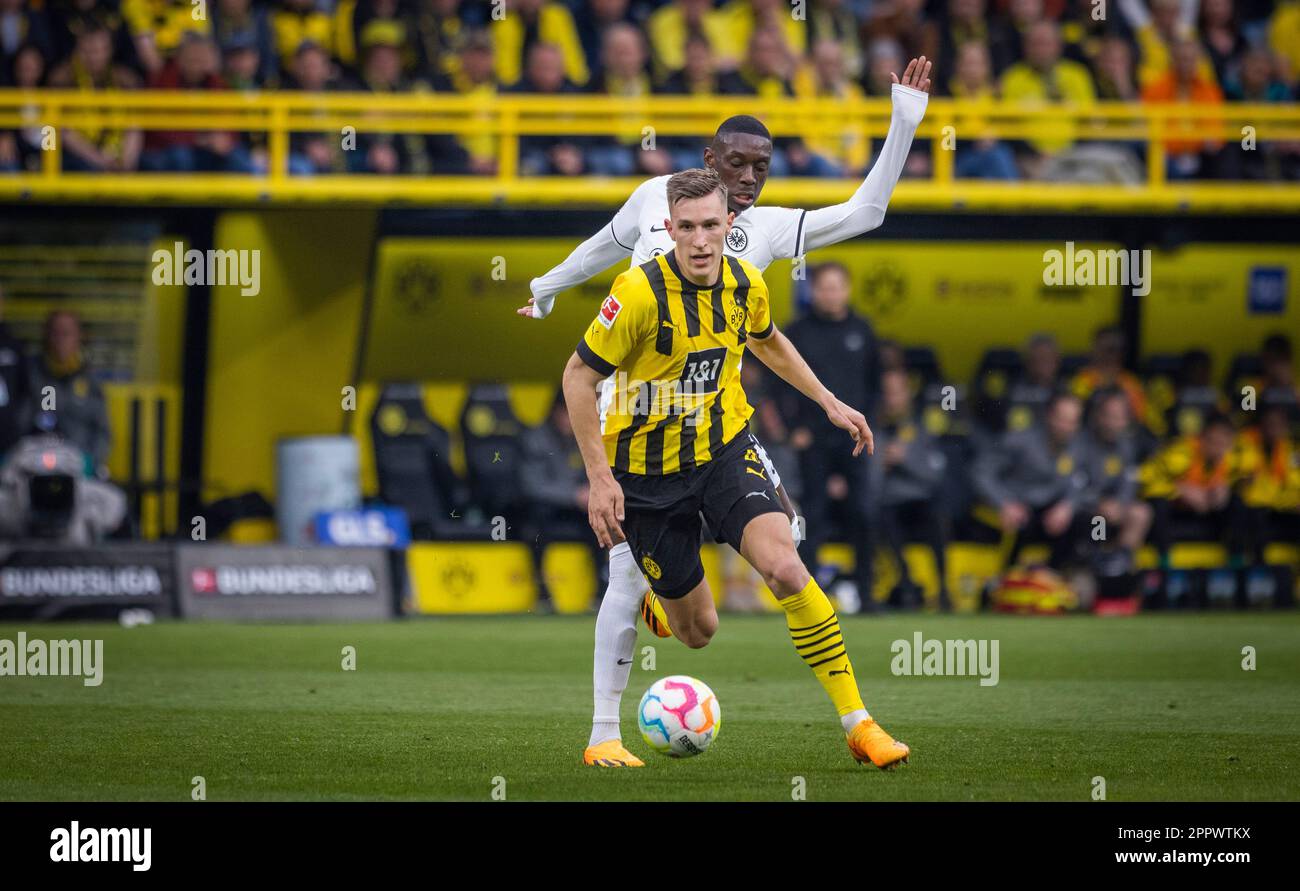 Dortmund, Germany. 22nd Apr, 2023.  Nico Schlotterbeck (BVB), Randal Kolo Muani (FRA) Borussia Dortmund - Eintracht Frankfurt 22.04.2023  Copyright (n Stock Photo