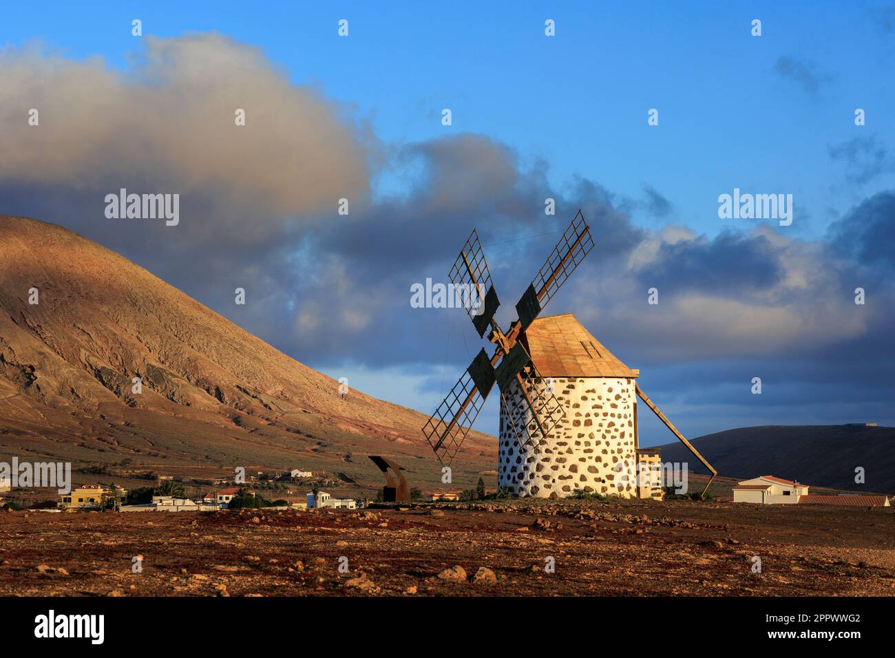 Windmill at Villa Verde La Oliva Fuerteventura in evening light Stock Photo
