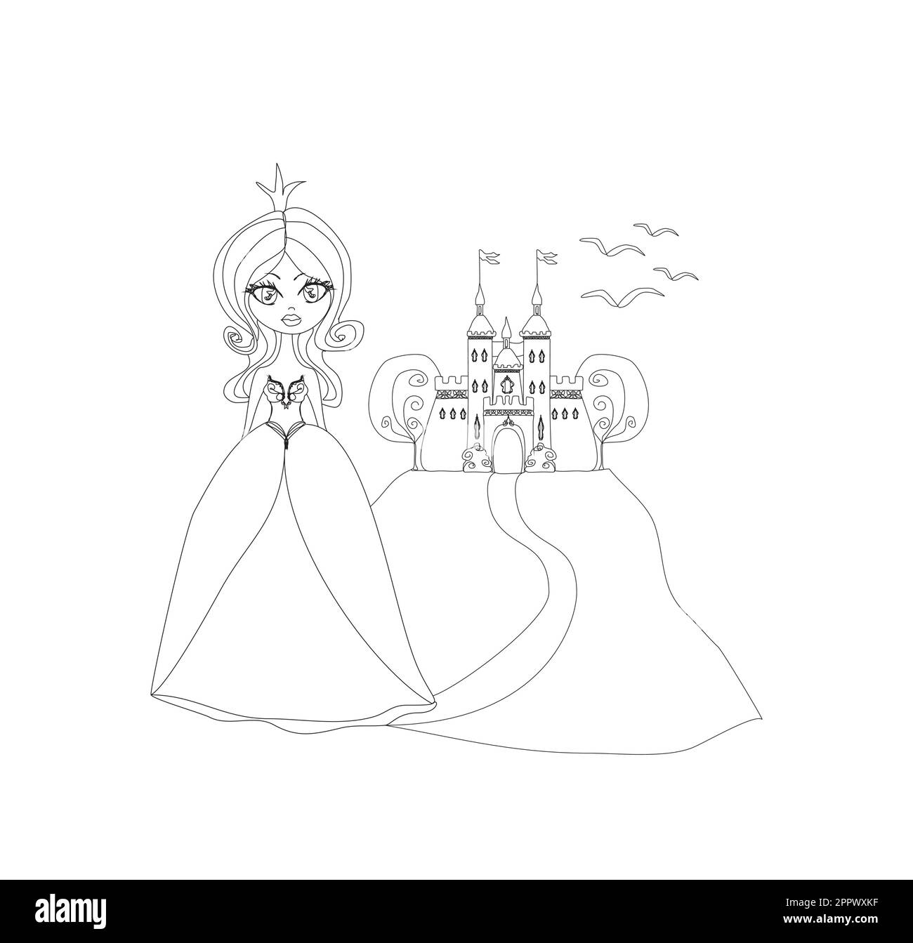 Beautiful young princess in front of her castle - doodle illustration Stock Vector