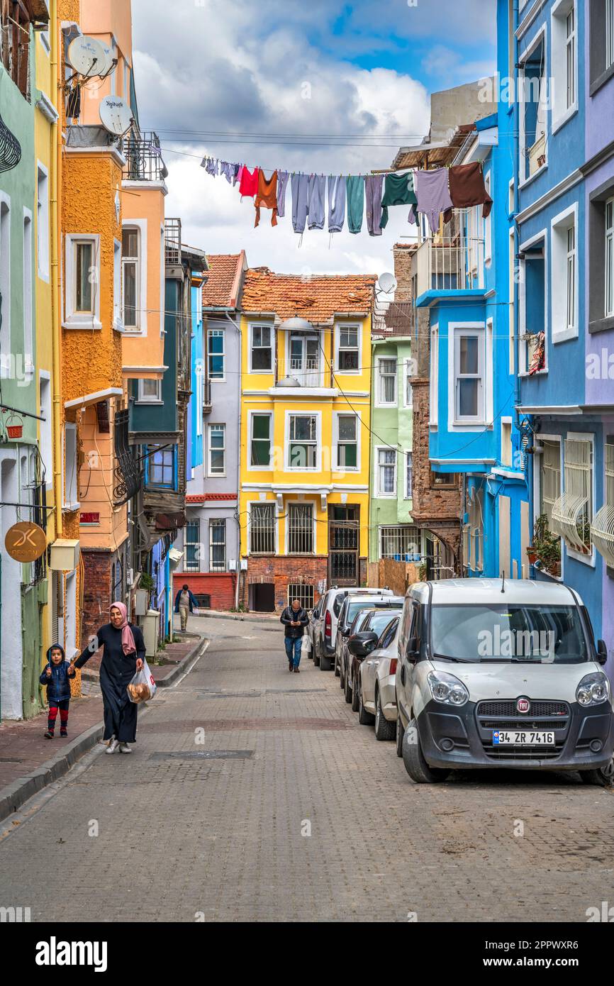 Colorful houses, Balat district,  Istanbul, Turkey Stock Photo