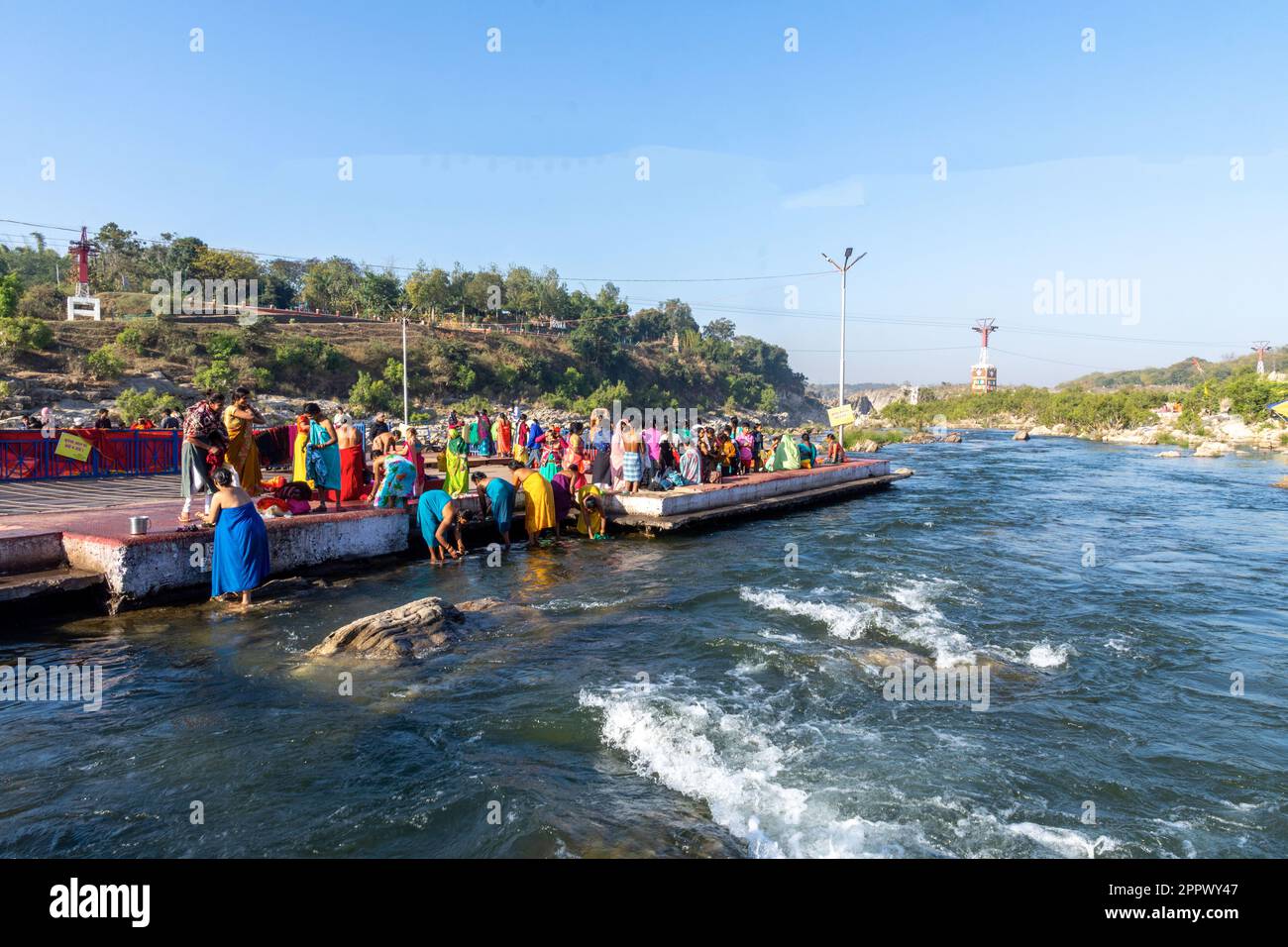 People bathing, Dhuandhar Waterfall, Narmada River, Bhedaghat, Jabalpur, Madhya Pradesh, India, Indian destinations Stock Photo