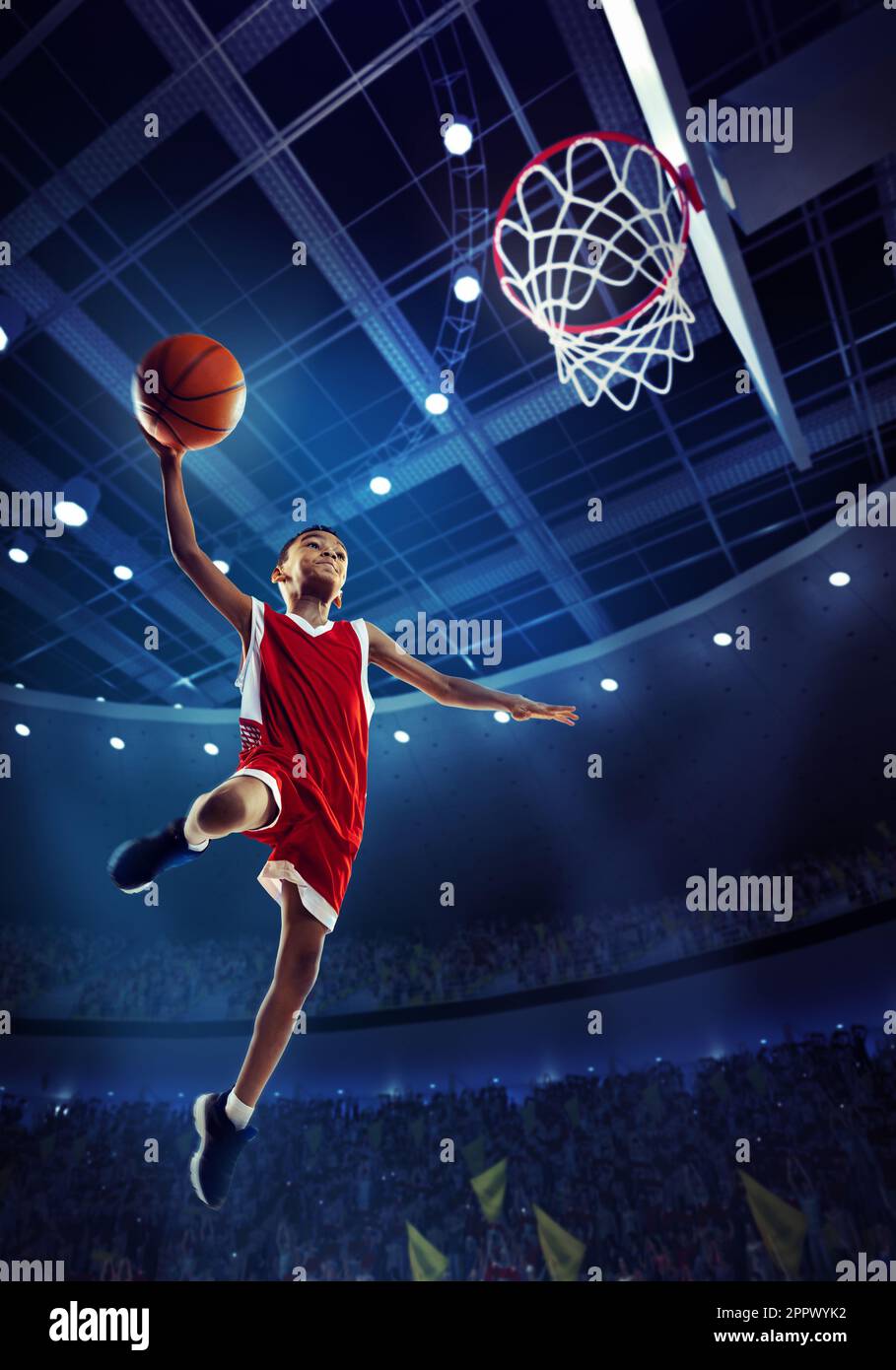 Dynamic image of little boy, child, basketball player in motion ...