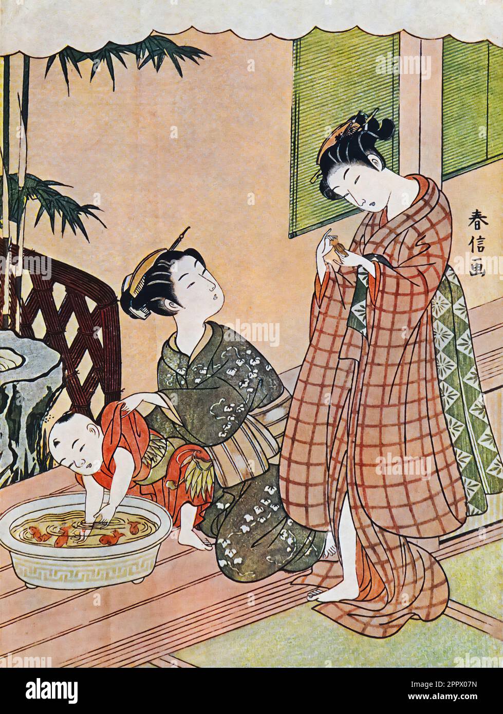 Suzuki Harunobu : The Bowl of Gold-fish Ancient Japanese colour print from the book ' A history of Japanese colour-prints ' by Woldemar von Seidlitz, 1850-1922 Publisher London : Heinemann 1910 Stock Photo