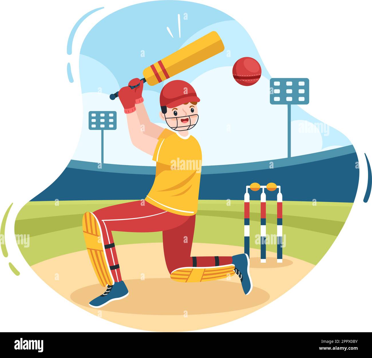 Batsman Playing Cricket Sports with Ball and Stick in Flat Cartoon
