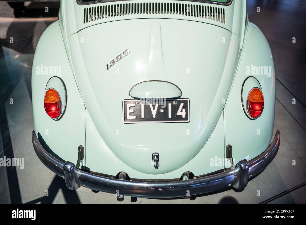1966 Volkswagen 1300 Beetle in the Riga Motor Museum. Back close-up. Riga, Latvia - March 12, 2023 Stock Photo
