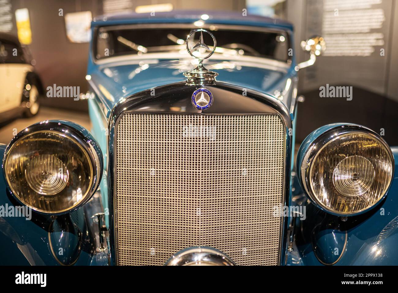 Blue 1937 Mercedes-Benz 320 close-up in the Riga Motor Museum. Vintage Cars Exhibition. Riga, Latvia - March 12, 2023 Stock Photo