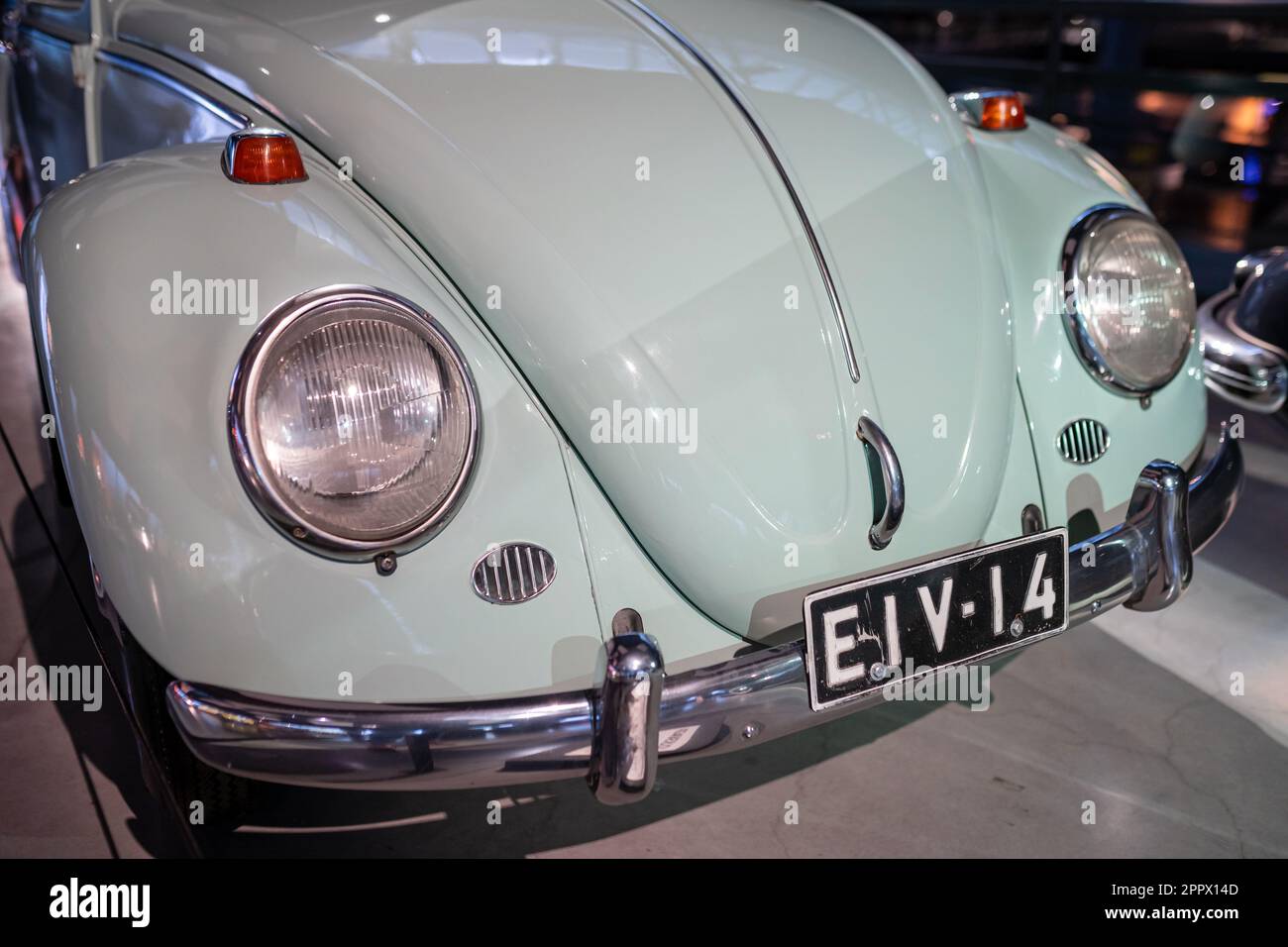 1966 Volkswagen 1300 Beetle in the Riga Motor Museum. Front close-up. Riga, Latvia - March 12, 2023 Stock Photo