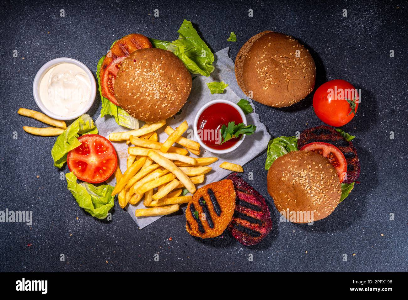 Healthy veggie burgers with vegetable cutlets. Homemade beetroot and