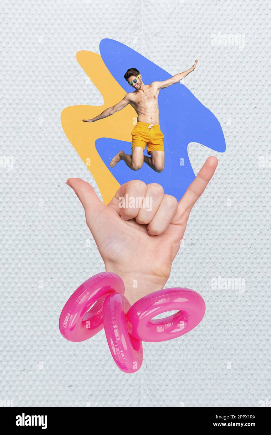 Vertical collage of young funky guy shaka sign inflatable rings summertime vacation pool party discotheque isolated on gray background Stock Photo