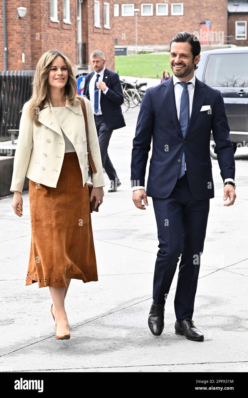 Sweden's Prince Carl Philip and Princess Sofia, wearing a suede skirt, arrive at Aula Medica at Karolinska Institutet in Stockholm, Sweden, April 25, Stock Photo