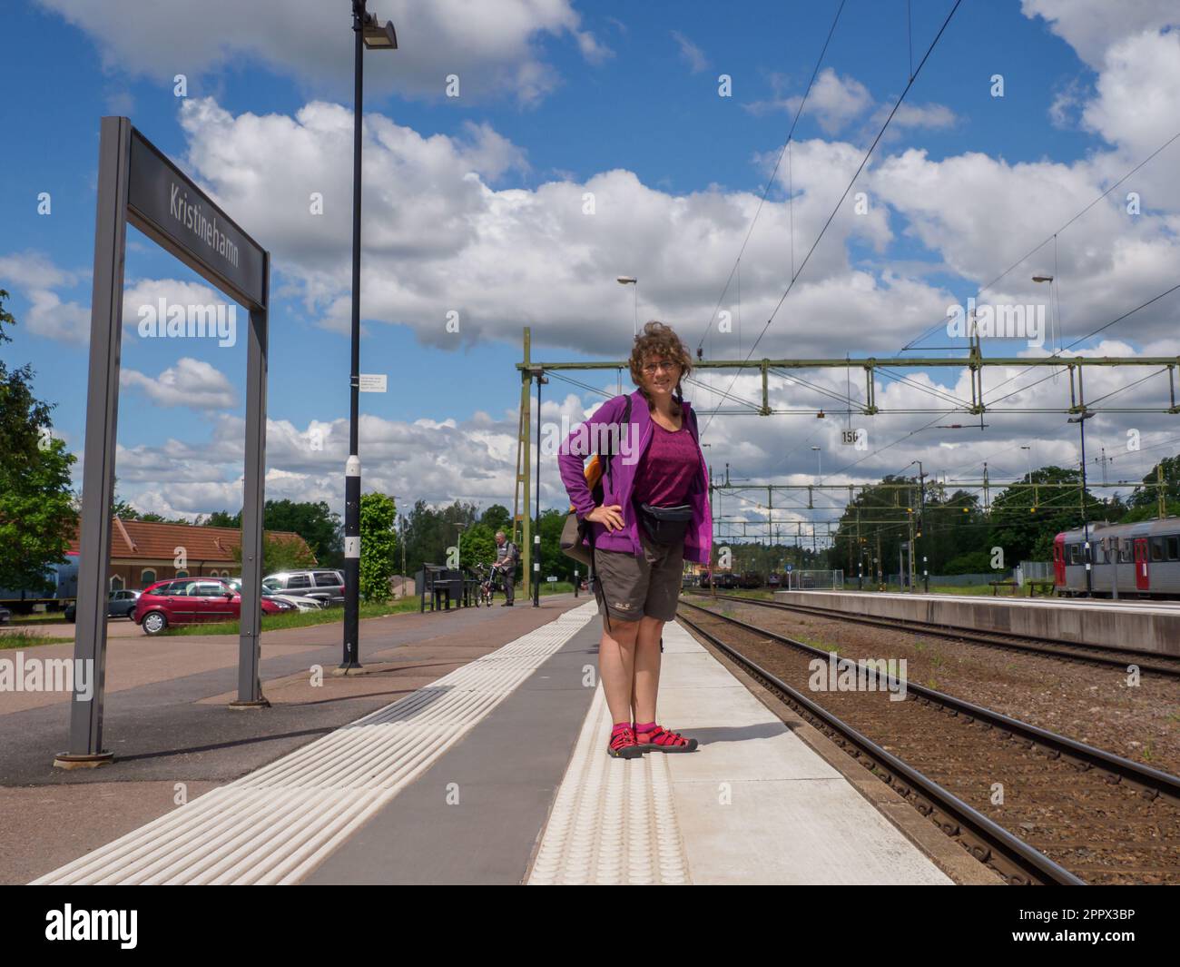 Kristinehamn, Sweden -June, 2021: Tourist on platform for the train station. Scandinavia. North Europe. Stock Photo