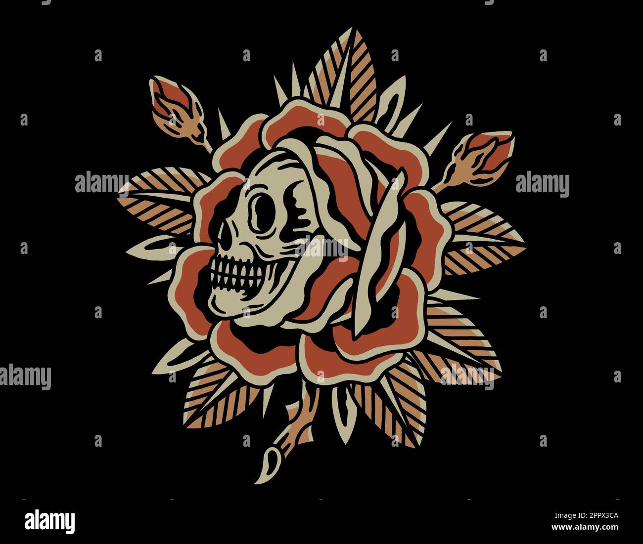 Tattoo style inspired graphic design on black background skull in rose bloom Stock Photo