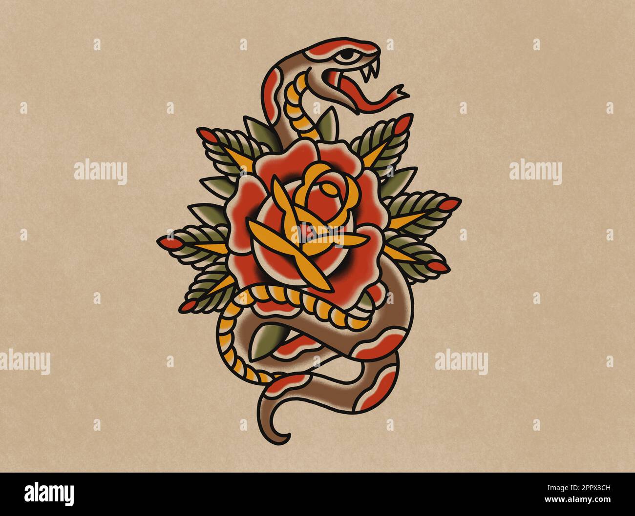 Old school tattoo art style drawing snake wrapped around rose blossom on old paper background Stock Photo