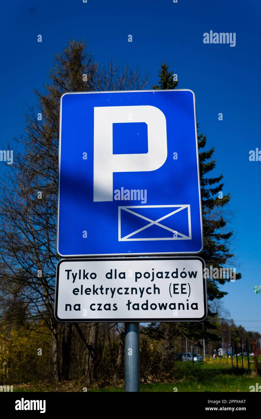 Wałbrzych, Poland 22.04.2023 Electric car charging station sign in