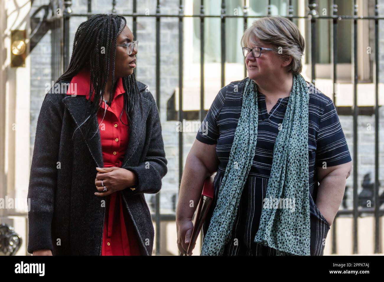 Downing Street, London, UK. 25th April 2023.  Kemi Badenoch MP, Secretary of State for Business and Trade and President of the Board of Trade and Minister for Women and Equalities and Thérèse Coffey MP, Secretary of State for Environment, Food and Rural Affairs, attends the weekly Cabinet Meeting at 10 Downing Street. Photo by Amanda Rose/Alamy Live News Stock Photo