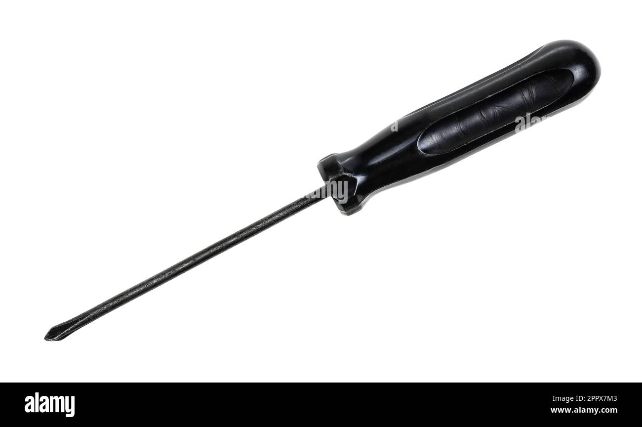 old black cross screwdriver with plastic handle isolated on white background Stock Photo