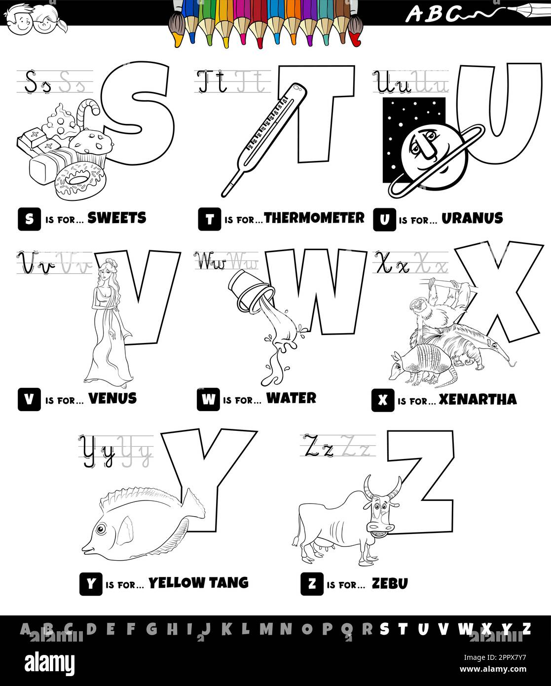 educational cartoon alphabet set from S to Z color book page Stock ...