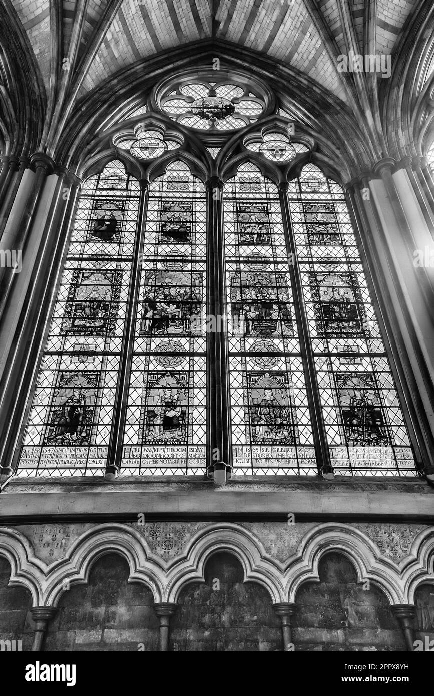 LONDON APRIL 16, 2022 Stained glass windows inside Westminster Abbey