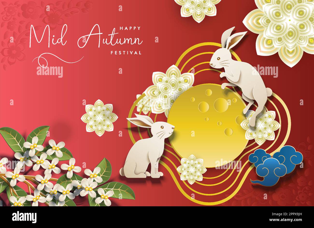 Chinese mid autumn festival greeting card with moon, rabbit and flowers ...