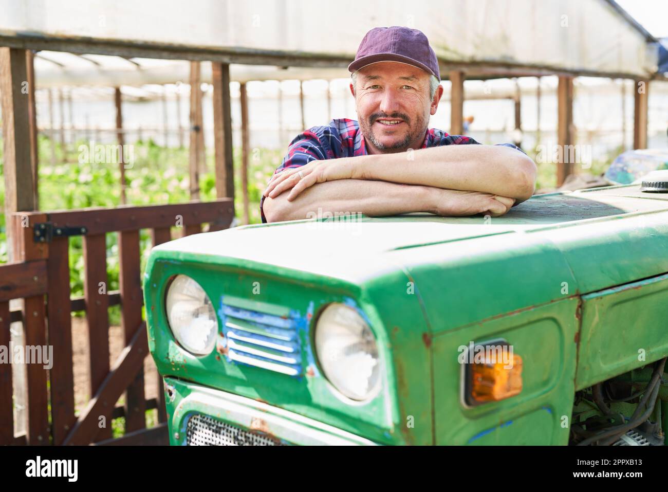 Portrait of happy mature male farmer leaning on green tractor at greenhouse Stock Photo