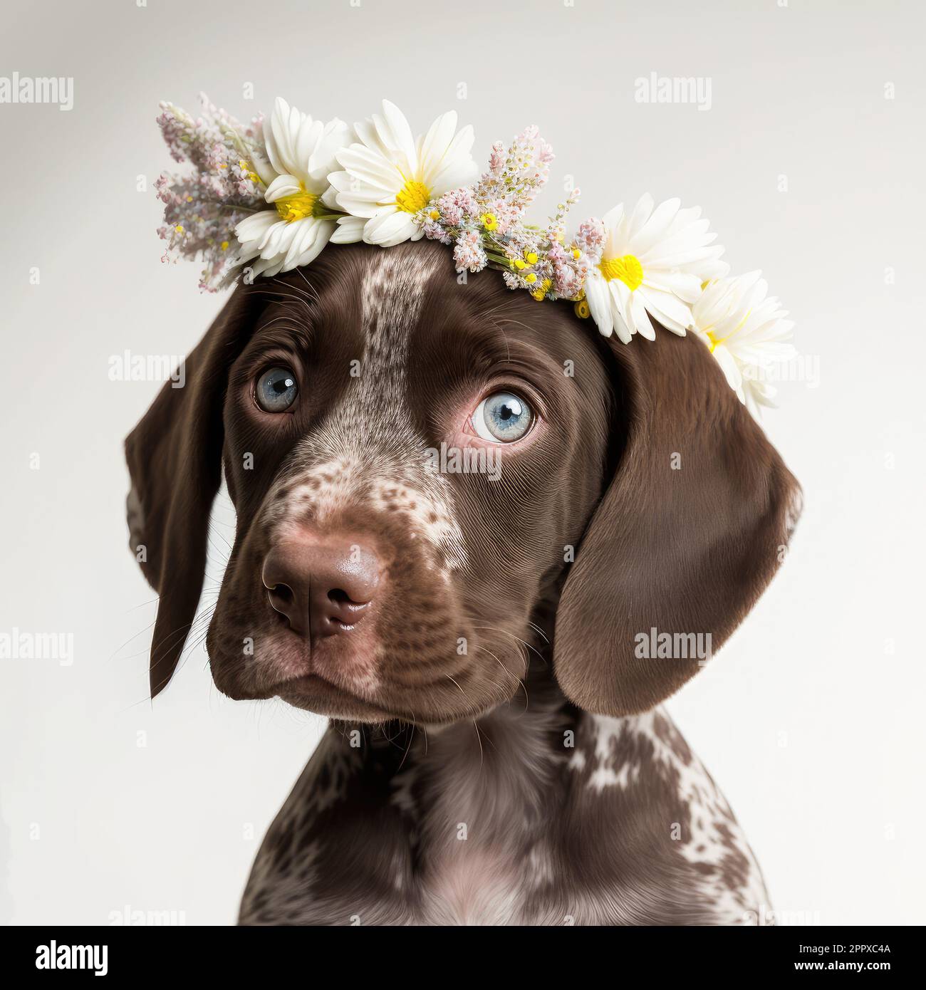 portrait of a cute, young english pointer dog with flowers on the head Stock Photo
