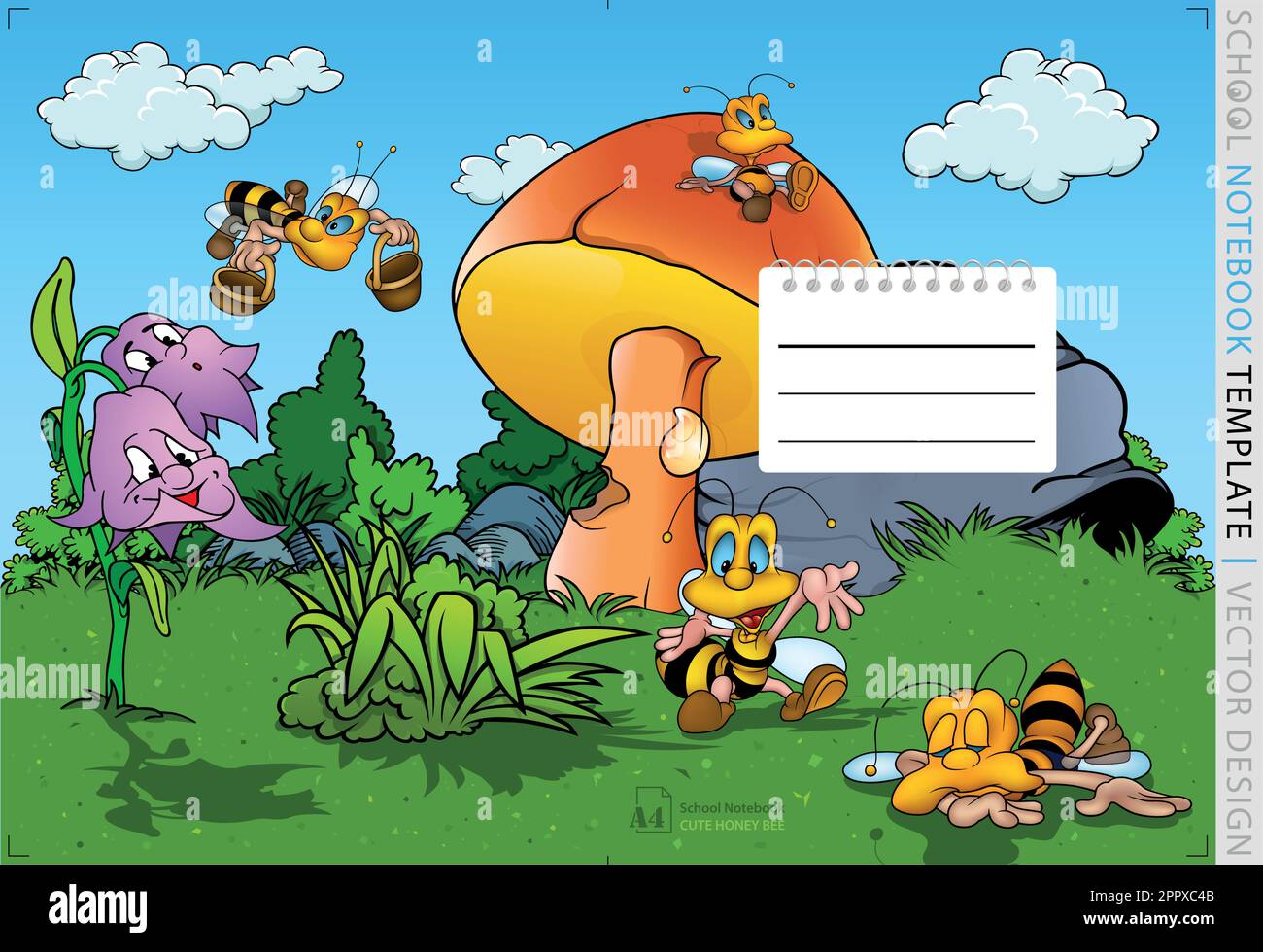 Cute Honey Bees on a School Notebook Stock Vector