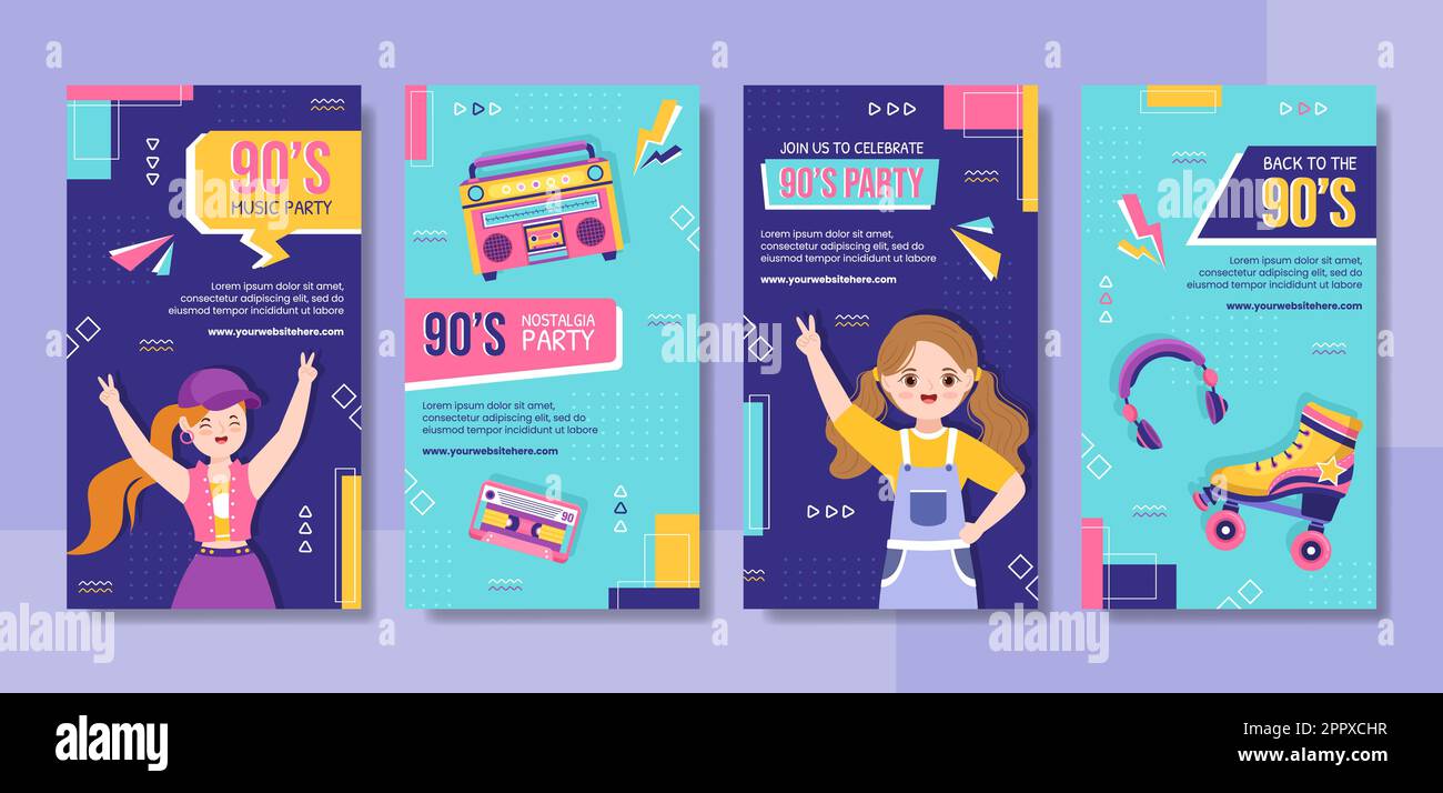 90s Retro Party Social Media Stories Template Flat Cartoon Background ...