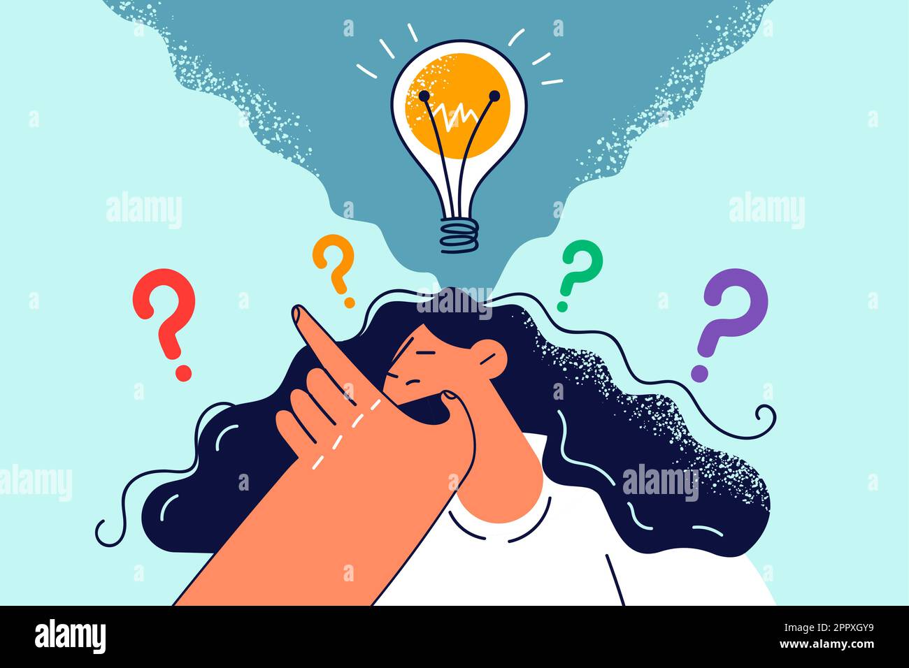 Pensive woman with lightbulb above head Stock Vector