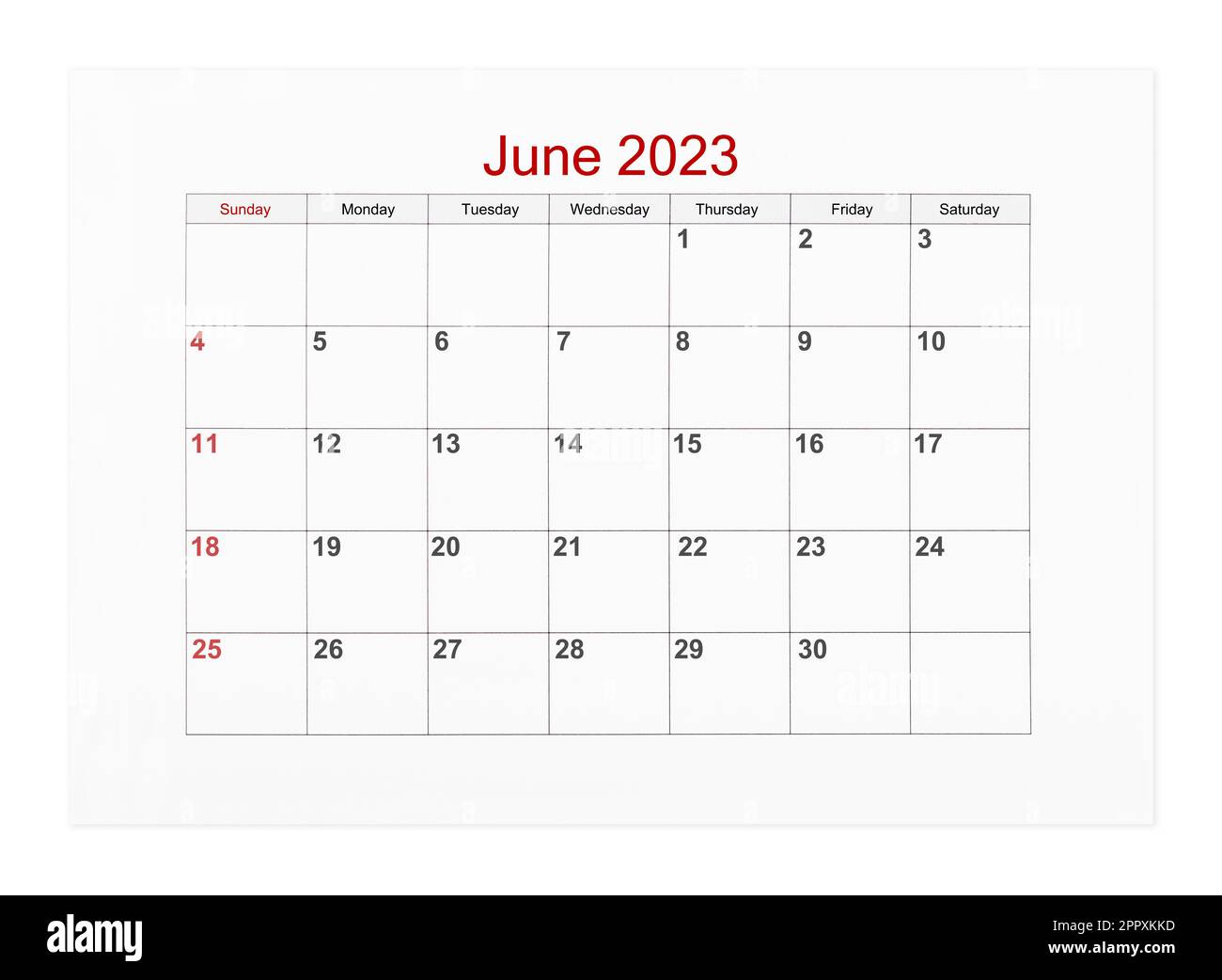 June 2023 calendar page for 2023 year isolated on white background