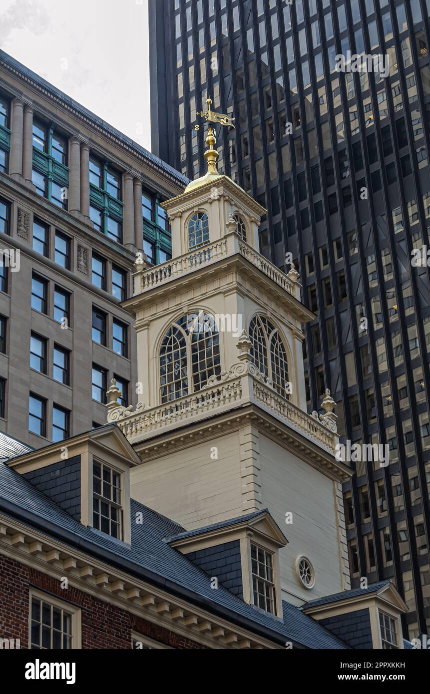Tower of the Old State House surrounded by modern office buildings, Boston, Massachusetts, New