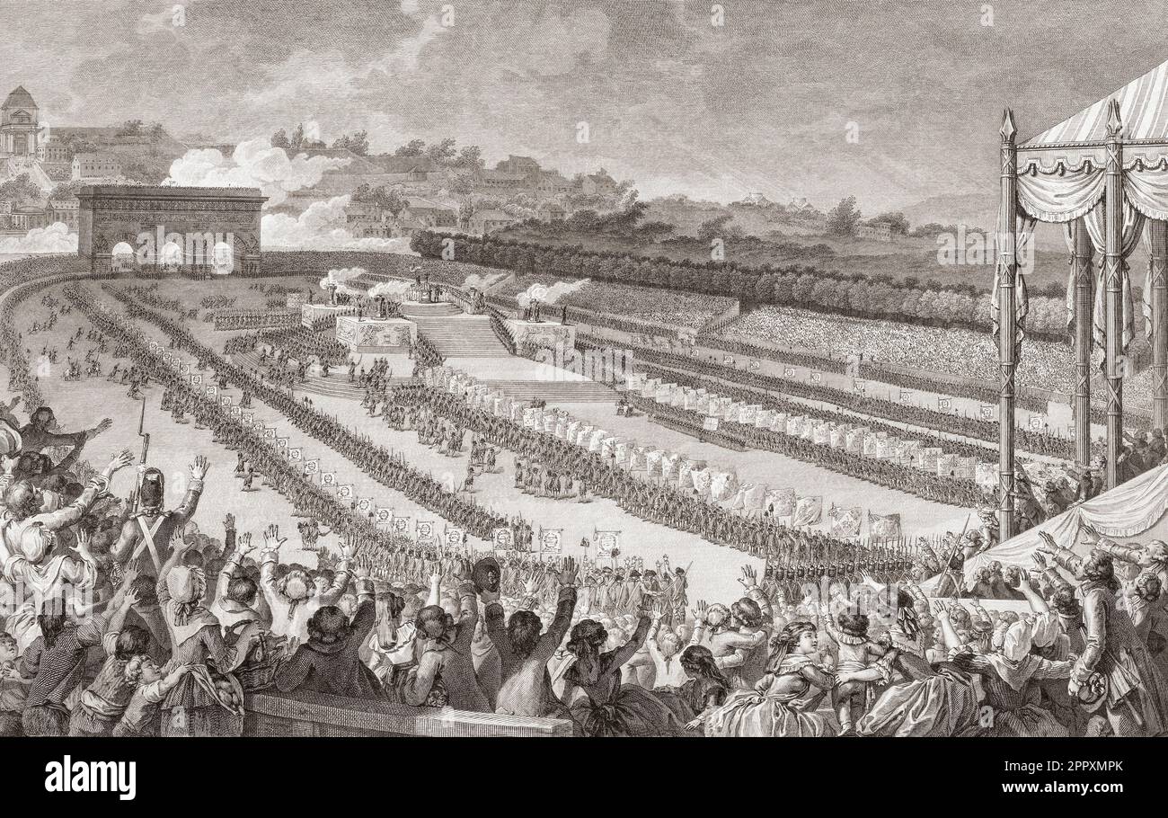 The Fête de la Fédération or Festival of the Federation, a holiday held throughout France on July 14, 1790.  It celebrated the French Revolution - still only in its second year - national unity and the establishment of a constitutional monarchy.  Louis XVI, later guillotined - attended with his family.  This picture shows the celebration as it was held in Paris. From a print by Isidore Helman after a drawing by Charles Monnet. Stock Photo