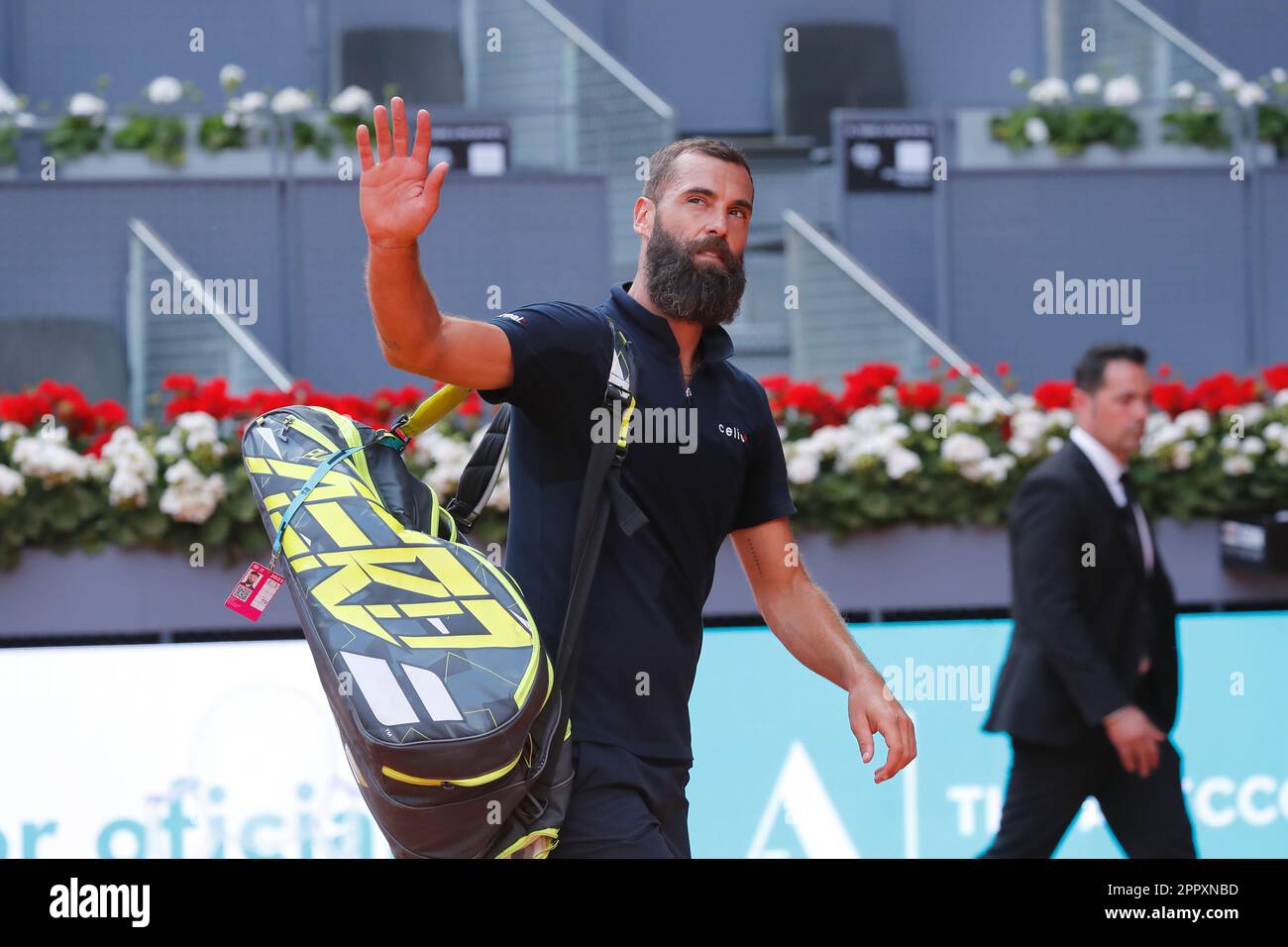 Madrid, Spain. 24th Apr, 2023. Benoit Paire (FRA) Tennis : Benoit Paire celebrate after winning singles qualifying 1st round match against Francesco Passaro on the ATP tour Masters 1000 "Mutua Madrid Open tennis tournament" at the Caja Magica in Madrid, Spain . Credit: Mutsu Kawamori/AFLO/Alamy Live News Stock Photo