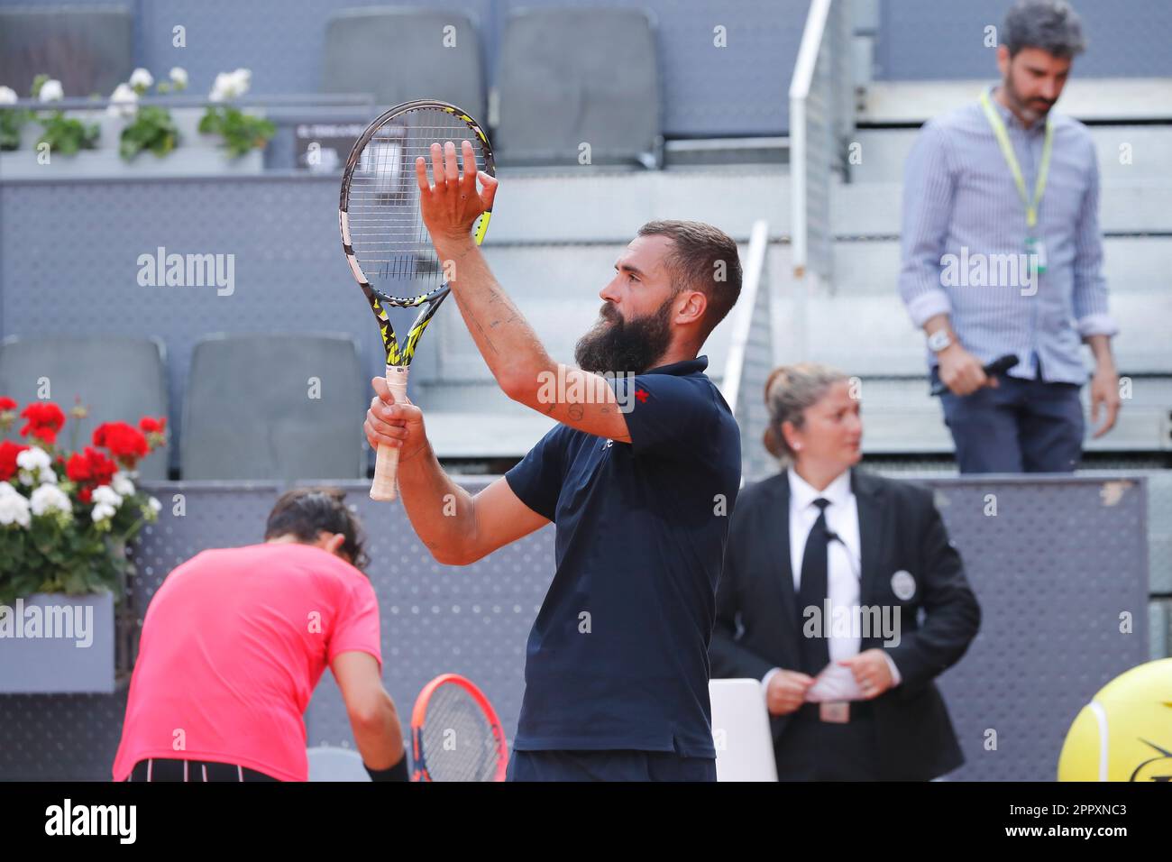 Madrid, Spain. 24th Apr, 2023. Benoit Paire (FRA) Tennis : Benoit Paire celebrate after winning singles qualifying 1st round match against Francesco Passaro on the ATP tour Masters 1000 "Mutua Madrid Open tennis tournament" at the Caja Magica in Madrid, Spain . Credit: Mutsu Kawamori/AFLO/Alamy Live News Stock Photo