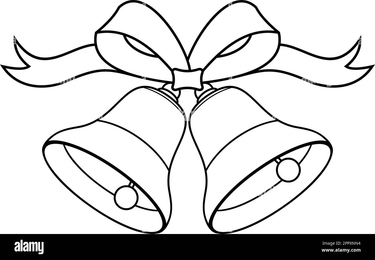 Christmas bell with gift Ribbon in black outline. White Background