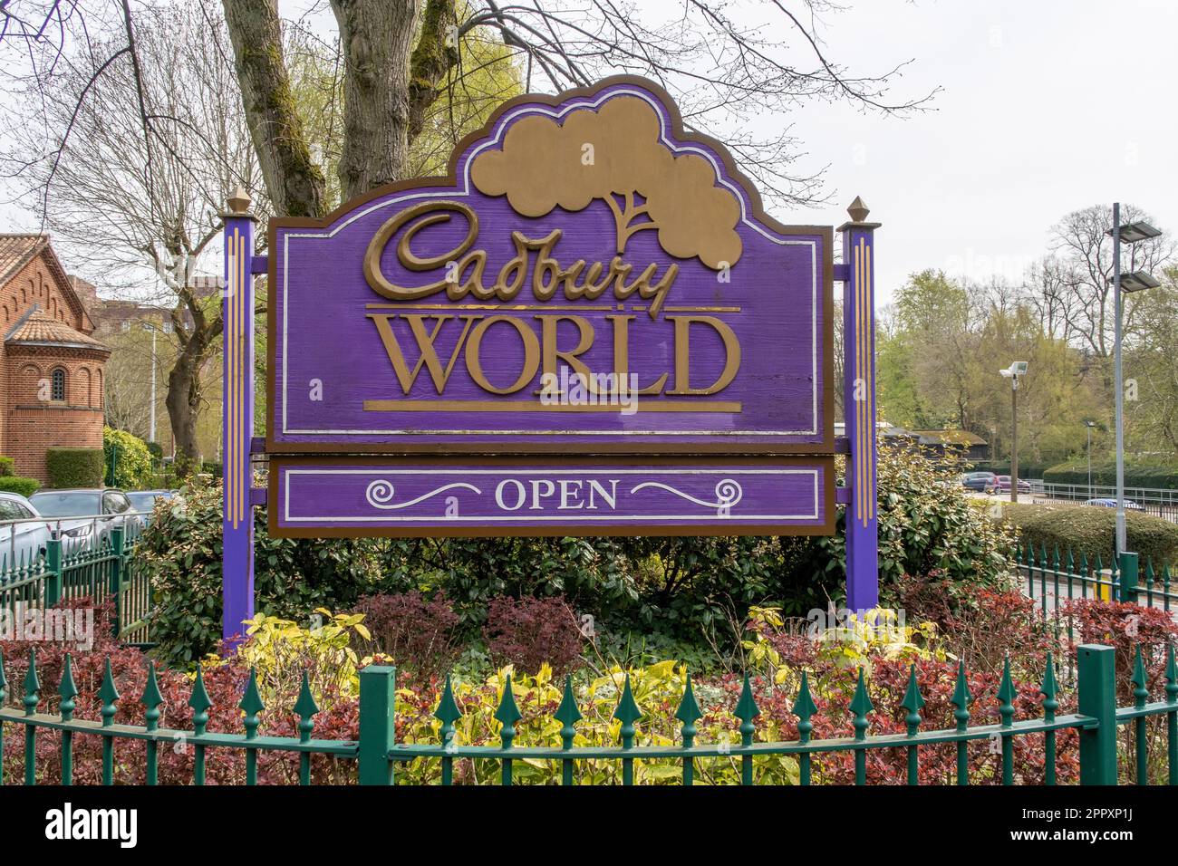 A vibrant purple sign with text: Cadbury World. Stock Photo